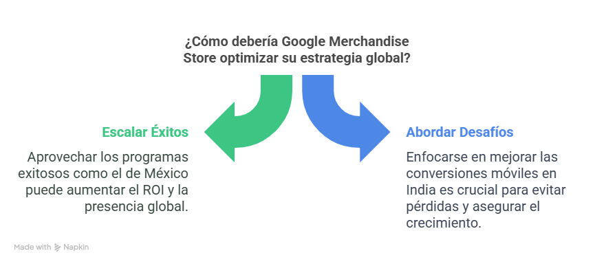 Diagrama de Napkin: «¿Cómo debería Google Merchandise Store optimizar su estrategia global?», con dos flechas: escalar éxitos, como el programa de México, y abordar desafíos, como las conversiones móviles en India.