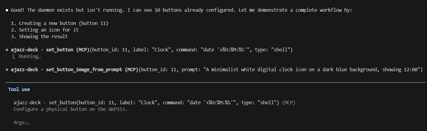 Claude Code terminal calling the ajazz-deck MCP tools set_button and set_button_image_from_prompt to create button 11, a clock.
