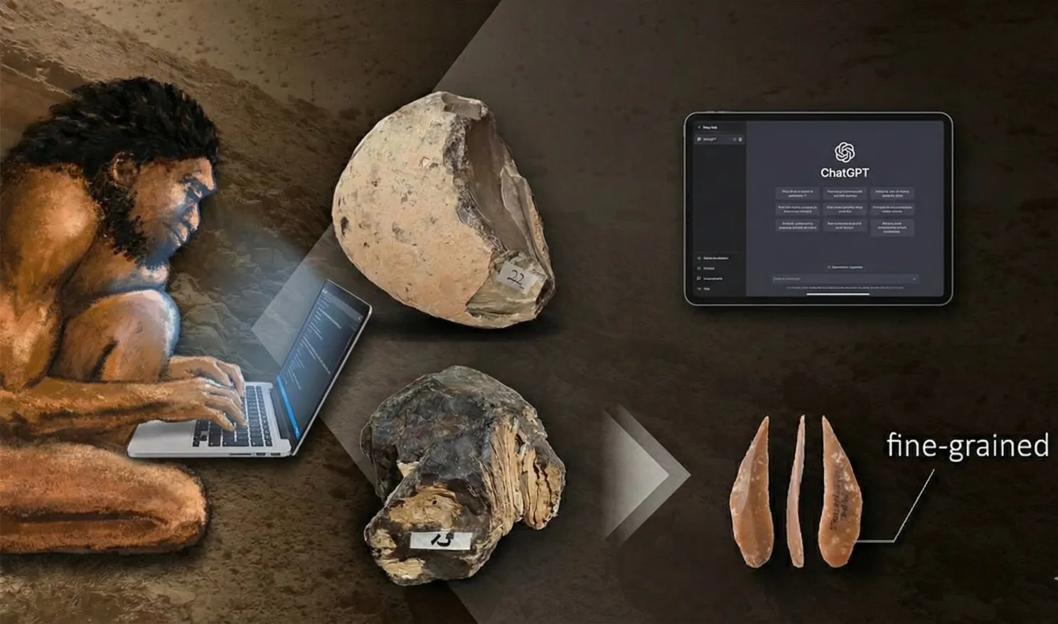 Ilustración de un neandertal escribiendo en un portátil, junto a núcleos de sílex, hojas de piedra de grano fino y una tableta que muestra ChatGPT.