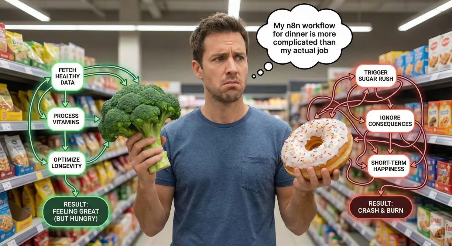 Imagen generada con IA de un hombre en un supermercado sosteniendo un brócoli y un donut, cada uno rodeado de un diagrama de workflow. Bocadillo de pensamiento: «Mi workflow de n8n para la cena es más complicado que mi trabajo de verdad».